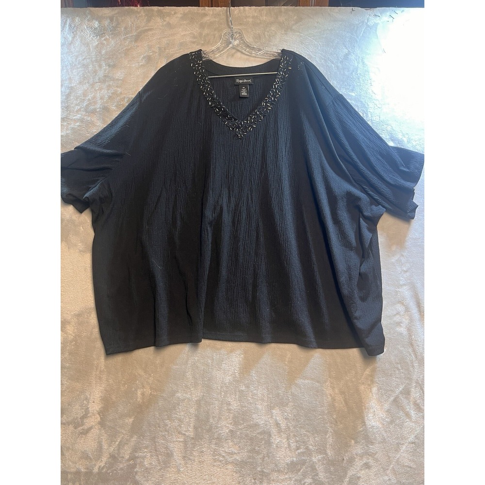 Maggies Barnes Black Beaded V Neck Textured Top Plus Size 5X